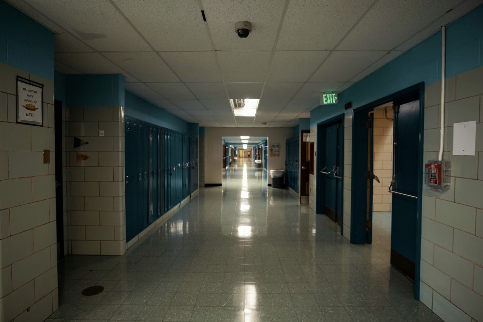 An empty institutional corridor with lockers and fluorescent light