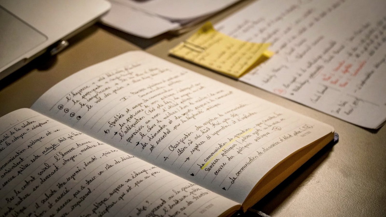 An open research notebook filled with handwritten observations beside annotated printouts