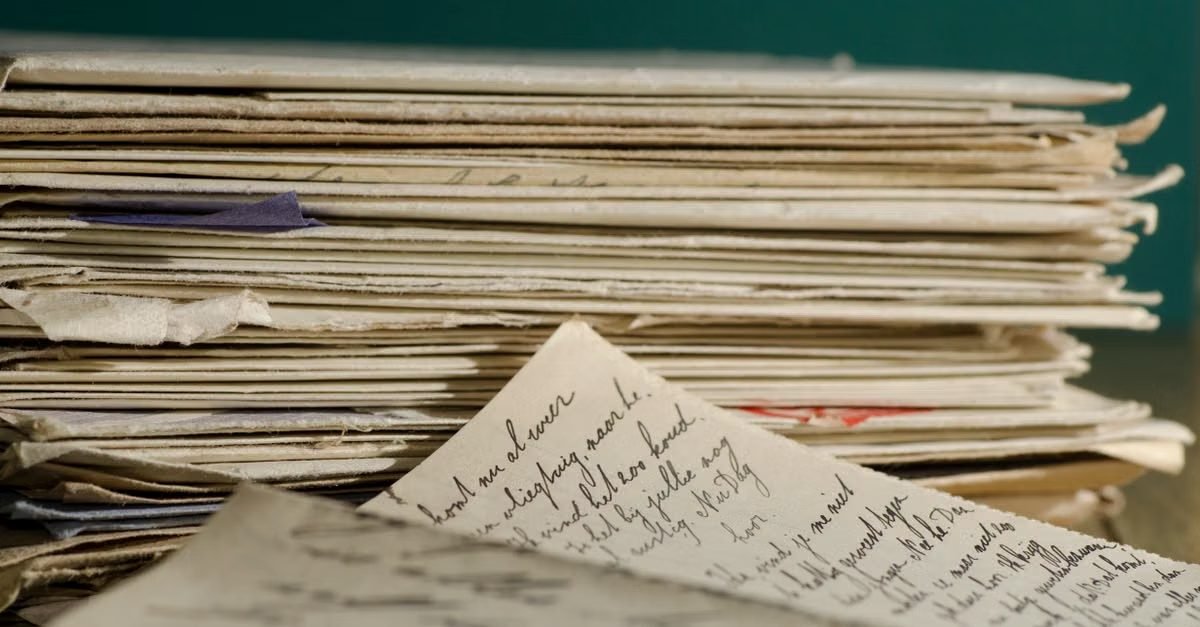 A tall stack of annotated research papers and handwritten notes on a desk